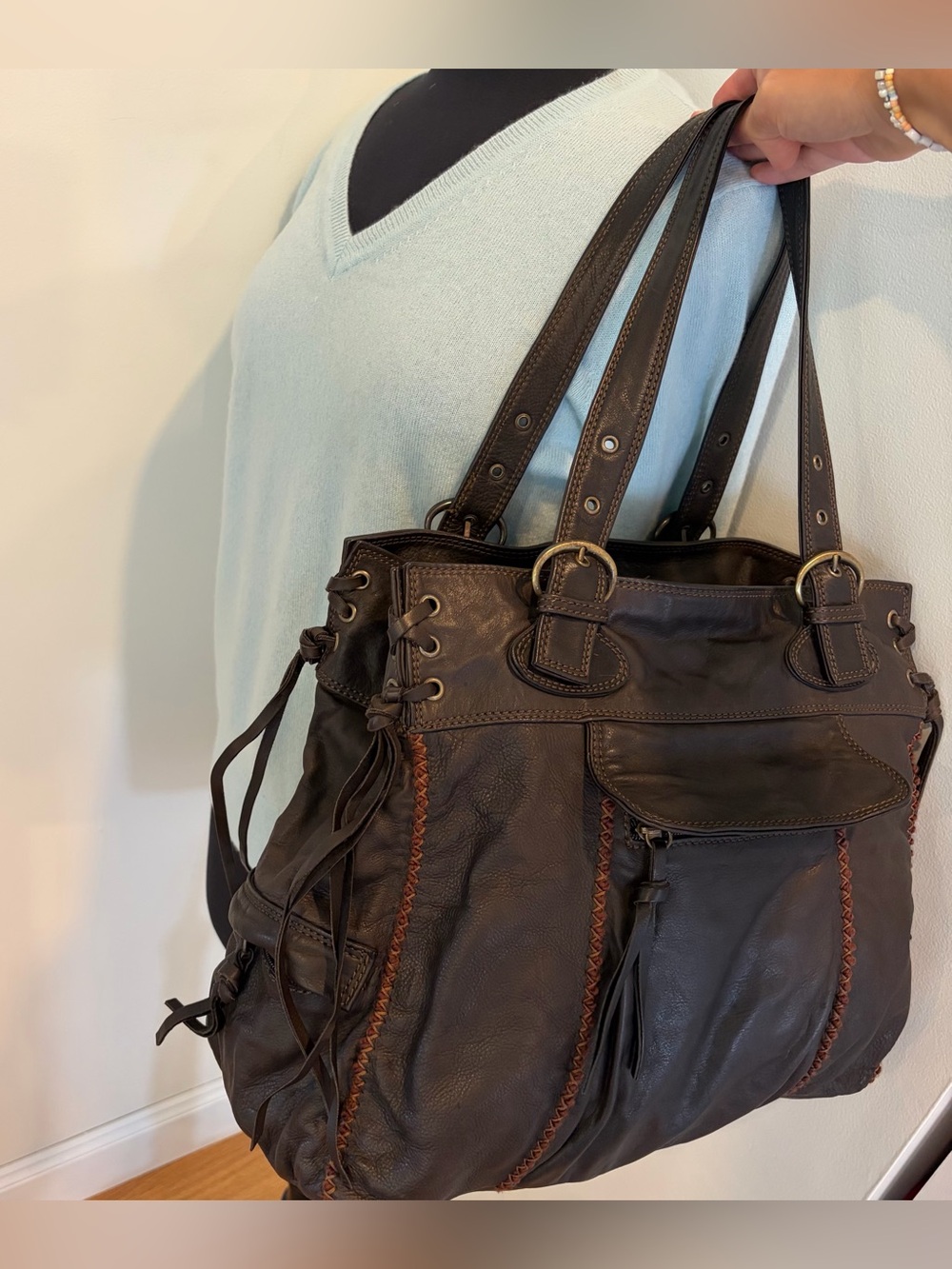Nicoli Brown italian Leather oversized hobo fringe purse handbag shoulder bag - Picture 12 of 13